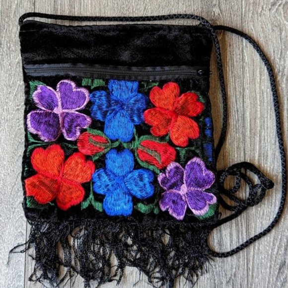 Vintage Handbags - VINTAGE 90s Embroidered Velour Purse Floral Embroidery Handmade Crossbody Bag